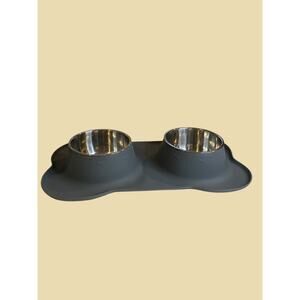 Dog Food Bowls Stainless Steel No Spill Non-Skid Mat Gray